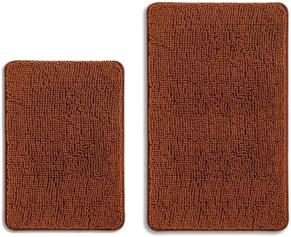 Rust Bathroom Rugs Sets 2 Piece – Absorbent and Washable Bath Mat, Non-Slip, Thick Soft Chenille Bath Rugs for Bathroom Floor, Shower, Sink - 17" x 24"+20" x 32"