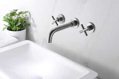 sumerain Wall Mount Bathroom Faucet Nickel,Cross Handles and Rough-in Valve Included