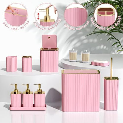 Bathroom Accessory Set - Bathroom Set, 12PC Bathroom Accessories Set, Pink Bathroom Accessories Set, Mini Trash Can, Toilet Brush, Trash Can & Soap Dispenser