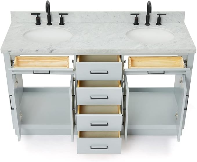 ARIEL Hepburn 60-inch Bathroom Vanity with Sink,Solid Wood, 1.5-inch Italian Carrara Marble Countertop & Backsplash, Double Oval Porcelain Sink, 4 Soft Closing Doors, 6 Dovetail Drawers, Grey