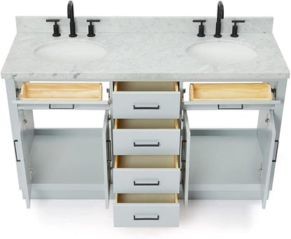 ARIEL Hepburn 60-inch Bathroom Vanity with Sink,Solid Wood, 1.5-inch Italian Carrara Marble Countertop & Backsplash, Double Oval Porcelain Sink, 4 Soft Closing Doors, 6 Dovetail Drawers, Grey