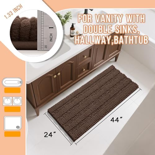 Yimobra Bathroom Rug Mat 44 x 24, Non Slip and Super Absorbent Bath Mat,Machine Washable Quick Dry,Ultra Plush Chenille Shower Rugs for Bathroom Floor Sink Tub and Shower Outside,Brown