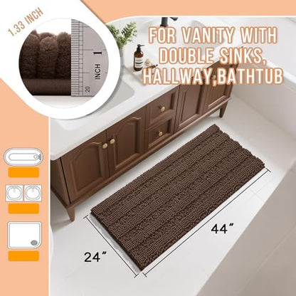 Yimobra Bathroom Rug Mat 44 x 24, Non Slip and Super Absorbent Bath Mat,Machine Washable Quick Dry,Ultra Plush Chenille Shower Rugs for Bathroom Floor Sink Tub and Shower Outside,Brown