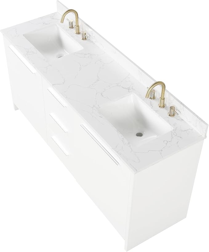 Nona 72" Solid Wood Double Sink Bathroom Vanity | Marble Countertop & Backsplash | Soft Closing Doors & Drawers | Nickel Brushed Handles | White Cabinet Undermount Ceramic Sink Top | Pre-Assembled