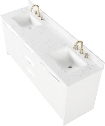 Nona 72" Solid Wood Double Sink Bathroom Vanity | Marble Countertop & Backsplash | Soft Closing Doors & Drawers | Nickel Brushed Handles | White Cabinet Undermount Ceramic Sink Top | Pre-Assembled