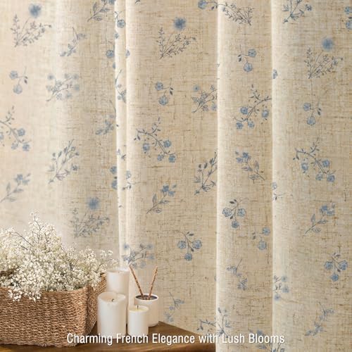 Blue Floral Farmhouse Vintage Linen Shower Curtain French Country 72Wx72H