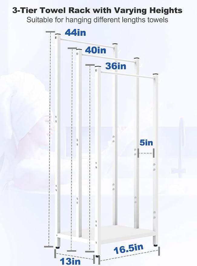 44 Inch Tall Free Standing Towel Rack, White | 3 Tiers Heavy Duty Blanket Drying Stand Holder with Metal Storage Shelf & 6 Hooks for Bathroom, Pool, Bedroom, Living Room