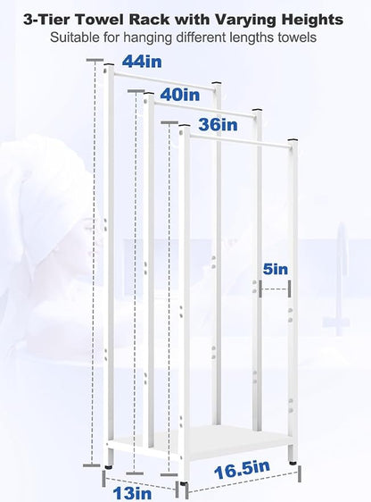 44 Inch Tall Free Standing Towel Rack, White | 3 Tiers Heavy Duty Blanket Drying Stand Holder with Metal Storage Shelf & 6 Hooks for Bathroom, Pool, Bedroom, Living Room