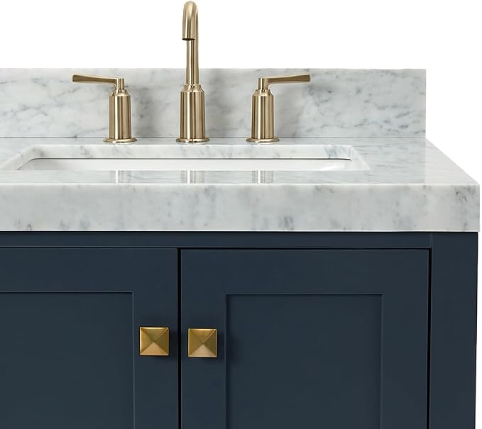 ARIEL Cambridge 36-inch Bathroom Vanity with Sink,Solid Wood, 2-inch Italian Carrara Marble Countertop, Single Rectangular Porcelain Sink, 2 Soft Closing Doors, 5 Dovetail Drawers, Midnight Blue