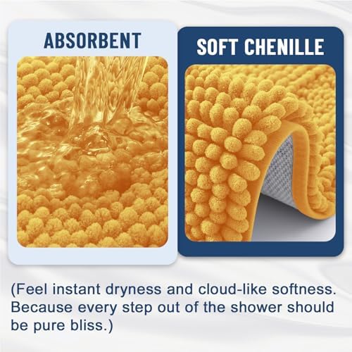 Grandaily Chenille Striped Bathroom Rugs 44x24, Extra Thick and Soft Absorbent Bath Mats, Rubber Backing, Plush Shaggy Shower Carpet, Machine Wash Dry, Bath Rug for Bathroom, Golden Yellow