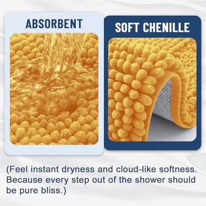 Grandaily Chenille Striped Bathroom Rugs 44x24, Extra Thick and Soft Absorbent Bath Mats, Rubber Backing, Plush Shaggy Shower Carpet, Machine Wash Dry, Bath Rug for Bathroom, Golden Yellow