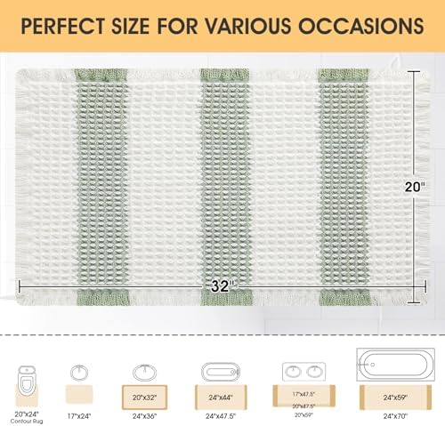 Upgrade Waffle Bath Mat, Boho Bathroom Rugs Absorbent Non Slip, Ultra Soft Bathroom Mat, Machine Washable Knit Bath Rugs with Stripe for Bathroom, Bedroom, Kitchen, Tub, 32"x20", Light Green & White