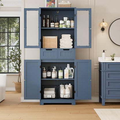 HORSTORS 67" H Bathroom Storage Cabinet, Blue Linen Cabinet with Drawers
