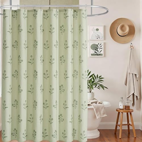 ORTIGIA Farmhouse Vintage Sage Green Floral Shower Curtain Block Print Linen Shower Curtains Set Boho Cottagecore Rustic Decor for Bathroom 72 W x 72 L