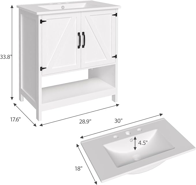 30 Inch Bathroom Vanity with Sink, Pedestal Sink Storage Cabinet with 2 Doors & LED Light, Mid-Century Modern Bathroom Vanity with Open Bottom Shelf, White