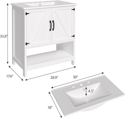 30 Inch Bathroom Vanity with Sink, Pedestal Sink Storage Cabinet with 2 Doors & LED Light, Mid-Century Modern Bathroom Vanity with Open Bottom Shelf, White