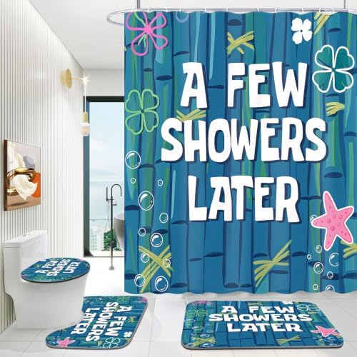 Yddsky 4Pcs Funny Ocean Cartoon Shower Curtain Set with Non-Slip Rugs,Toilet Lid Cover & Bath Mat,Waterproof Bathroom Curtain Sets,Cute Blue Sea Bathroom Decor for Kids,Women,Girls