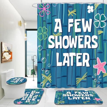 Yddsky 4Pcs Funny Ocean Cartoon Shower Curtain Set with Non-Slip Rugs,Toilet Lid Cover & Bath Mat,Waterproof Bathroom Curtain Sets,Cute Blue Sea Bathroom Decor for Kids,Women,Girls