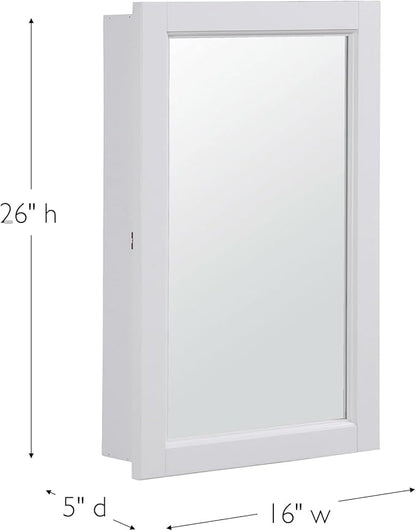 Design House Concord Medicine Cabinet, 1 Mirrored Door, Pre-Assembled, White Frame Wall Cabinet, 16 in W x 5 in D x 26 in H, 590505-WHT