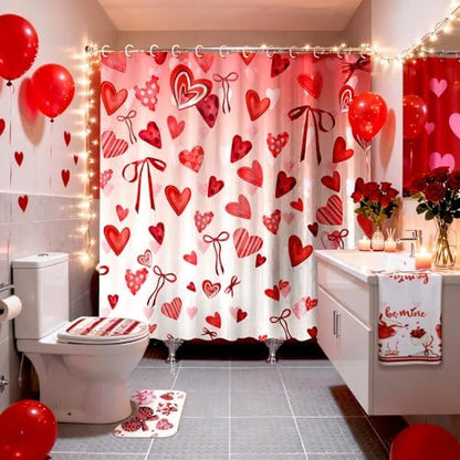 FuWeave 8 Pcs Valentines Shower Curtain Set Red Conversation Hearts Sweet Romantic Bathroom Decor Valentines Day Waterproof Shower Curtain Towels Non Slip Rug Toilet Lid Cover Bath Mat with 12 Hooks