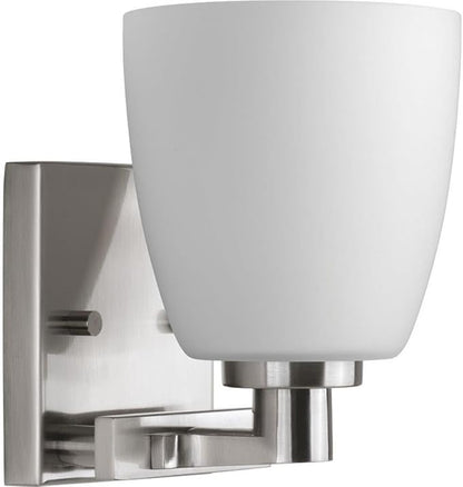 Progress Lighting 1 Light Bathroom Vanity Light, Coastal Style Modern Bath Lighting Fixture with Etched White Glass Shade for Over the Mirror, Reversible Mounting, Fleet Collection, Brushed Nickel