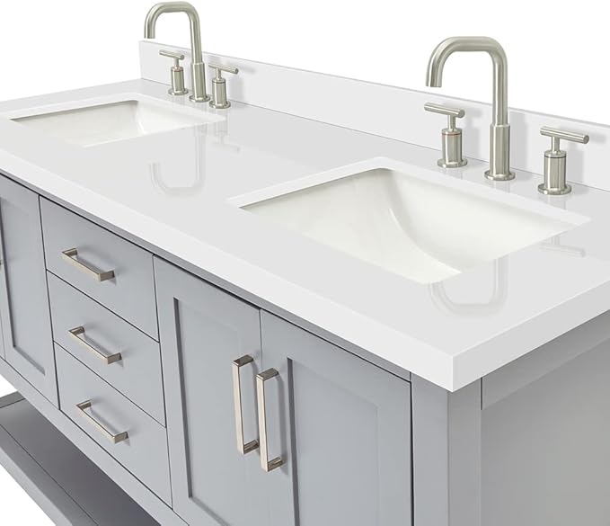 DKB Olivia 60" Grey Double Bathroom Vanity, 1.5" Edge Pure White Quartz Countertop, Rectangular Undermount Sinks, 4 Soft Closing Doors, 3 Full Extension Dovetail Drawers, Open Shelf