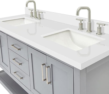 ARIEL Magnolia 60-inch Bathroom Vanity with Sink,Solid Wood, 1.5-inch Pure White Quartz Countertop & Backsplash, Double Rectangular Porcelain Sink, 4 Soft Closing Doors, 3 Dovetail Drawers, Grey