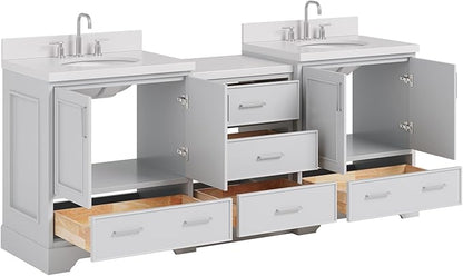 ARIEL Stafford 84-inch Bathroom Vanity with Sink,Solid Wood, 1.5in Pure White Quartz Countertop & Backsplash, Double Oval Porcelain Sink, 4 Soft Closing Doors, 5 Dovetail Drawers, Grey