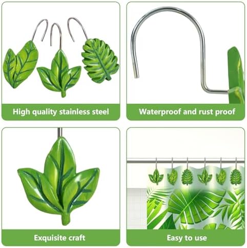 12-Piece Green Leaves Leaf Shower Curtain Hooks for Bathroom