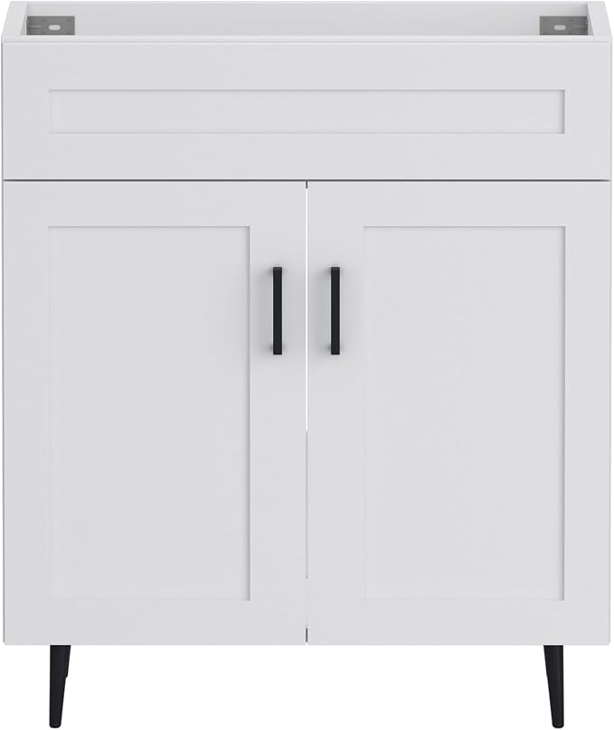 30 Inch Bathroom Vanity, Freestanding Wooden Bathroom Vanity with 2 Doors and Metal Legs, Bathroom Cabinet Vanity Without Ceramic Sink (White Without Sink, 30")