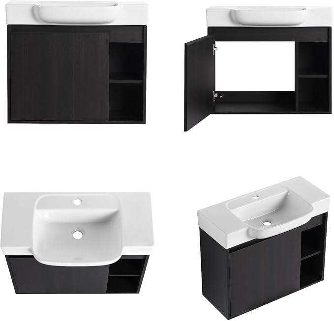 28" Bathroom Vanity with Ceramic Sink, Farmhouse Cabinet, Dark Oak | Ceramic Sink, Soft-Close Door, Interior Compartment and 2-Tier Open Side Shelves, 45° Inclined Edge Handle