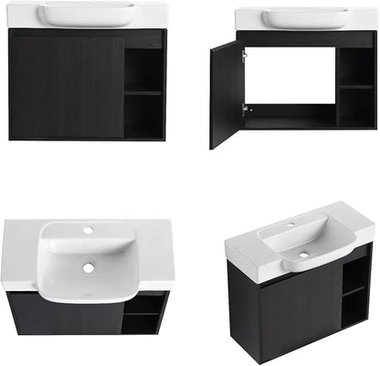 28" Bathroom Vanity with Ceramic Sink, Farmhouse Cabinet, Dark Oak | Ceramic Sink, Soft-Close Door, Interior Compartment and 2-Tier Open Side Shelves, 45° Inclined Edge Handle