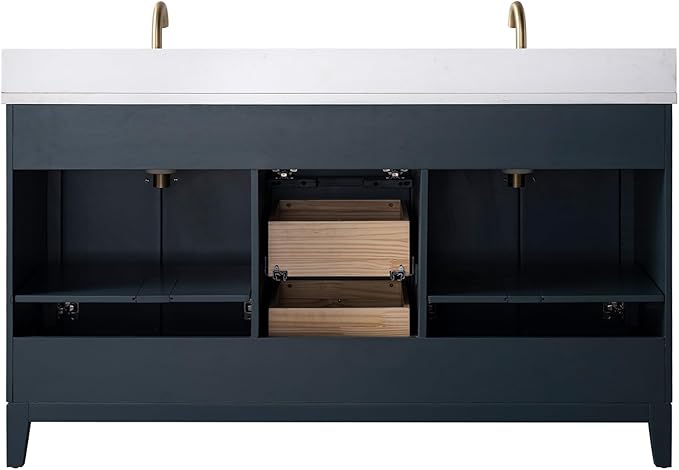 Vanity Art 60" Bathroom Vanity with Double Sink & Arabescato White Engineered Stone Top, Soft Closing Door, Solid Wood Frame, Golden Brushed Handles, Vintage Spruce Blue VA8160D-VSB-GB