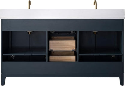 Vanity Art 60" Bathroom Vanity with Double Sink & Arabescato White Engineered Stone Top, Soft Closing Door, Solid Wood Frame, Golden Brushed Handles, Vintage Spruce Blue VA8160D-VSB-GB