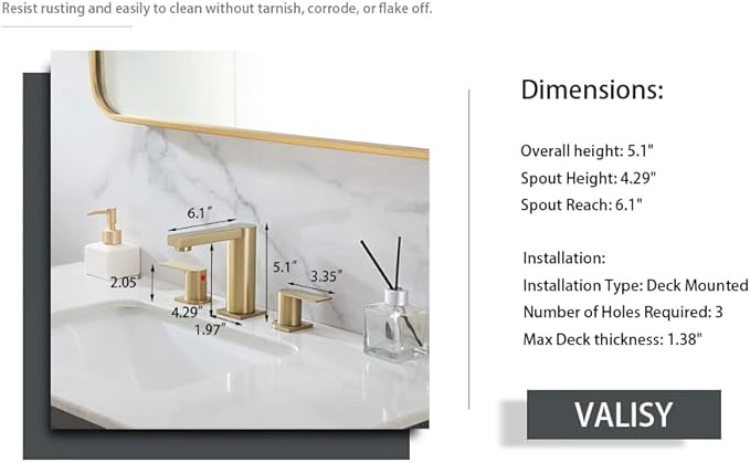 Gold Bathroom Faucet 3 Hole, Widespread Bathroom Faucet Brushed Gold, 2-Handles 8 Inch Centerset Bathroom Sink Faucets with Water Hoses and Drain Faucets for RV Bath Vanity Lavatory, RH079GVAL