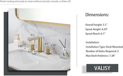 Gold Bathroom Faucet 3 Hole, Widespread Bathroom Faucet Brushed Gold, 2-Handles 8 Inch Centerset Bathroom Sink Faucets with Water Hoses and Drain Faucets for RV Bath Vanity Lavatory, RH079GVAL