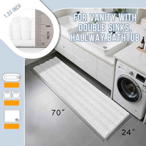 Yimobra Bathroom Runner Rug, 70 x 24, Long Bathroom Rugs Large Bath Mat, Soft Super Absorbent and Thick, Non-Slip, Machine Washable, Carpets for Home, Nursery, Bed and Living Room, White