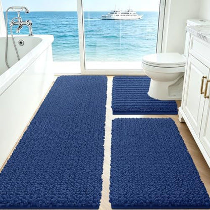 ACCUMTEK Upgrade Extra Large Blue Bathroom Rug Set 3 Pieces Ultra Soft, Thick Absorbent Bath Mats, Non Slip Chenille Toilet Mat for Bathroom, Bedroom, Kitchen