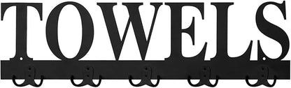 MyGift Towel Rack for Bathroom, Wall Mounted Bath Towel Holder with 5 Dual Hooks, Kitchen Laundry Hand Towel Hanger, Black Metal with Decorative Towel Cutout Design