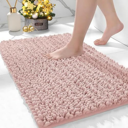 Bathroom Rugs Non Slip Washable 32x20, Extra Thick Soft Chenille Absorbent Bath Mat, High Density Barrier Non Slip Backing, Quick Dry Plush Shaggy Floor Carpet for Tub&Shower, Pink