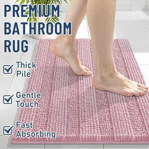 Grandaily Chenille Striped Bathroom Rugs 44x24, Extra Thick and Soft Absorbent Bath Mats, Rubber Backing, Plush Shaggy Shower Carpet, Machine Wash Dry, Bath Rug for Bathroom, Dusty Rose