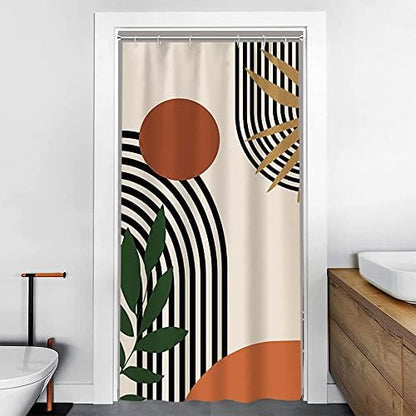 Stall Shower Curtain, Ruelvth Mid Century Boho Abstract Minimalist Sunrise Shower Curtain Set Orange Waterproof Polyester Morden Abstract Leaves and Arch Fabric Bathroom Curtain with Hooks, 36x72 Inch