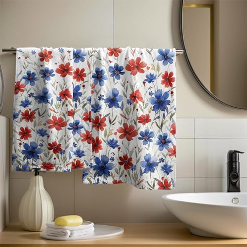Red Blue Flowers Hand Towels Set of 2-4th of July Colorful America Floral Face Towel 28x14 Inch Soft Absorbent Microfiber Independence Day Decor for Kitchen Bathroom Gym Home