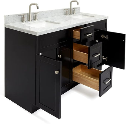 ARIEL Hamlet 60-inch Bathroom Vanity with Sink,Solid Wood, 1.5-inch Italian Carrara Marble Countertop, Double Rectangular Porcelain Sink, 4 Soft Closing Doors, 3 Dovetail Drawers, Black