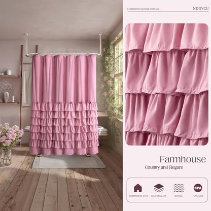 Ruffle Farmhouse Shower Curtain, Pink Vintage Shower Curtains for Bathroom Fabric Cute Rustic Cloth, 72" W X 72" L Inch