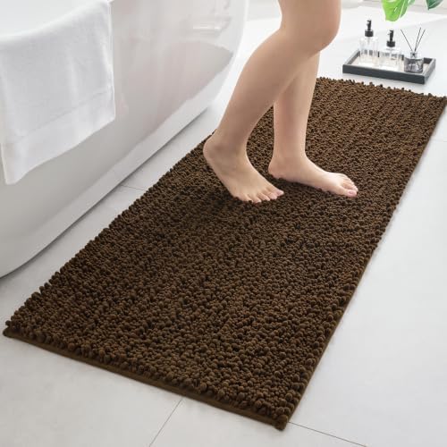 Bathroom Rugs Non Slip Washable 55x24, Extra Thick Soft Chenille Absorbent Bath Mat, High Density Barrier Non Slip Backing, Quick Dry Plush Shaggy Floor Carpet for Tub&Shower, Brown