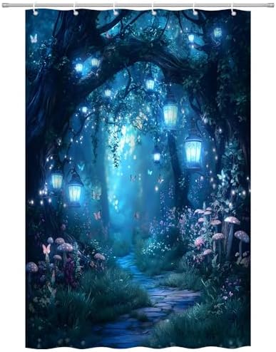 Fantasy Forest Path Shower Curtain Blue Fairy Magical Enchanted Misty Jungle Mushroom Floral Tree Butterfly Lantern Wonderland Bath Curtain Fabric Bathroom Accessories Decor with Hooks 47W x63L