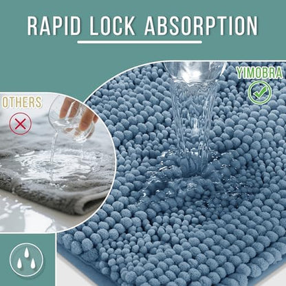 Yimobra Bathroom Rug Mat 32 x 20, Non Slip and Super Absorbent Bath Mat,Machine Washable Quick Dry,Ultra Plush Chenille Shower Rugs for Bathroom Floor Sink Tub and Shower Outside,Denim Blue