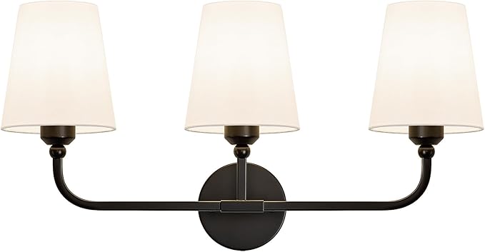 Bathroom Vanity Light, Matte Black Bathroom Lighting Fixtures Over Mirror | 3-Light Bathroom Light Fixtures with Flared White Fabric Shade, E26 Socket (ETL Listed)