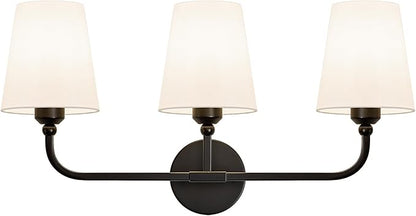 Bathroom Vanity Light, Matte Black Bathroom Lighting Fixtures Over Mirror | 3-Light Bathroom Light Fixtures with Flared White Fabric Shade, E26 Socket (ETL Listed)